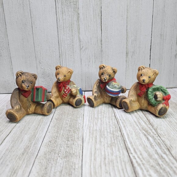 Vintage Flambro Porcelain Christmas Holiday Bears Figurine - Set Of 4 - Picture 1 of 10